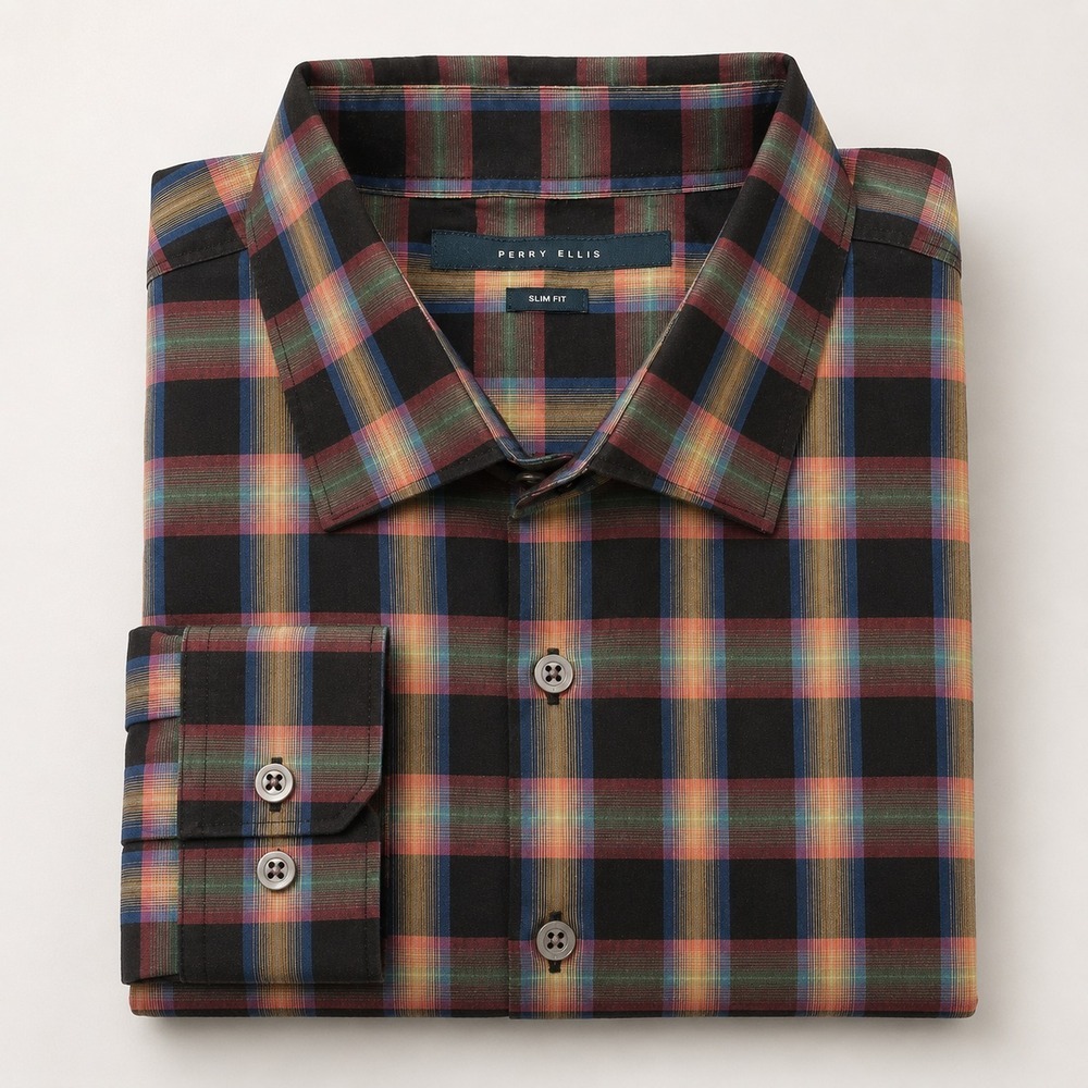 Perry Ellis Plaid Long Sleeve Button Down Men's Shirt XL Slim Black Neon Cotton